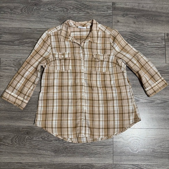 St. John's Bay Women Beige Plaid Collared 3/4 Sleeve Button Down Shirt Shirt L - Picture 10 of 13